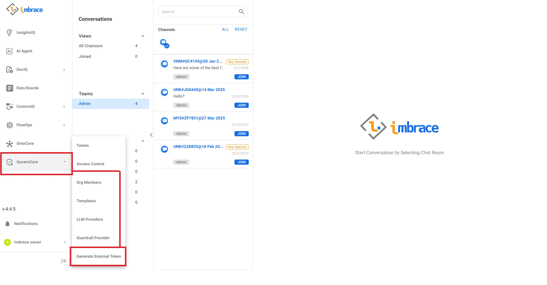 Imbrace Portal — sidebar showing GovernCore menu with Generate External Token option