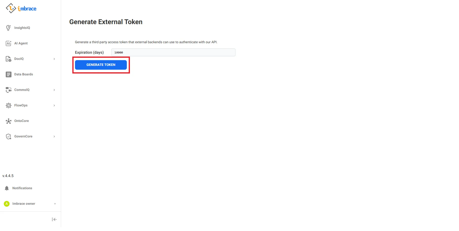 GovernCore Generate External Token page — Generate Token button highlighted