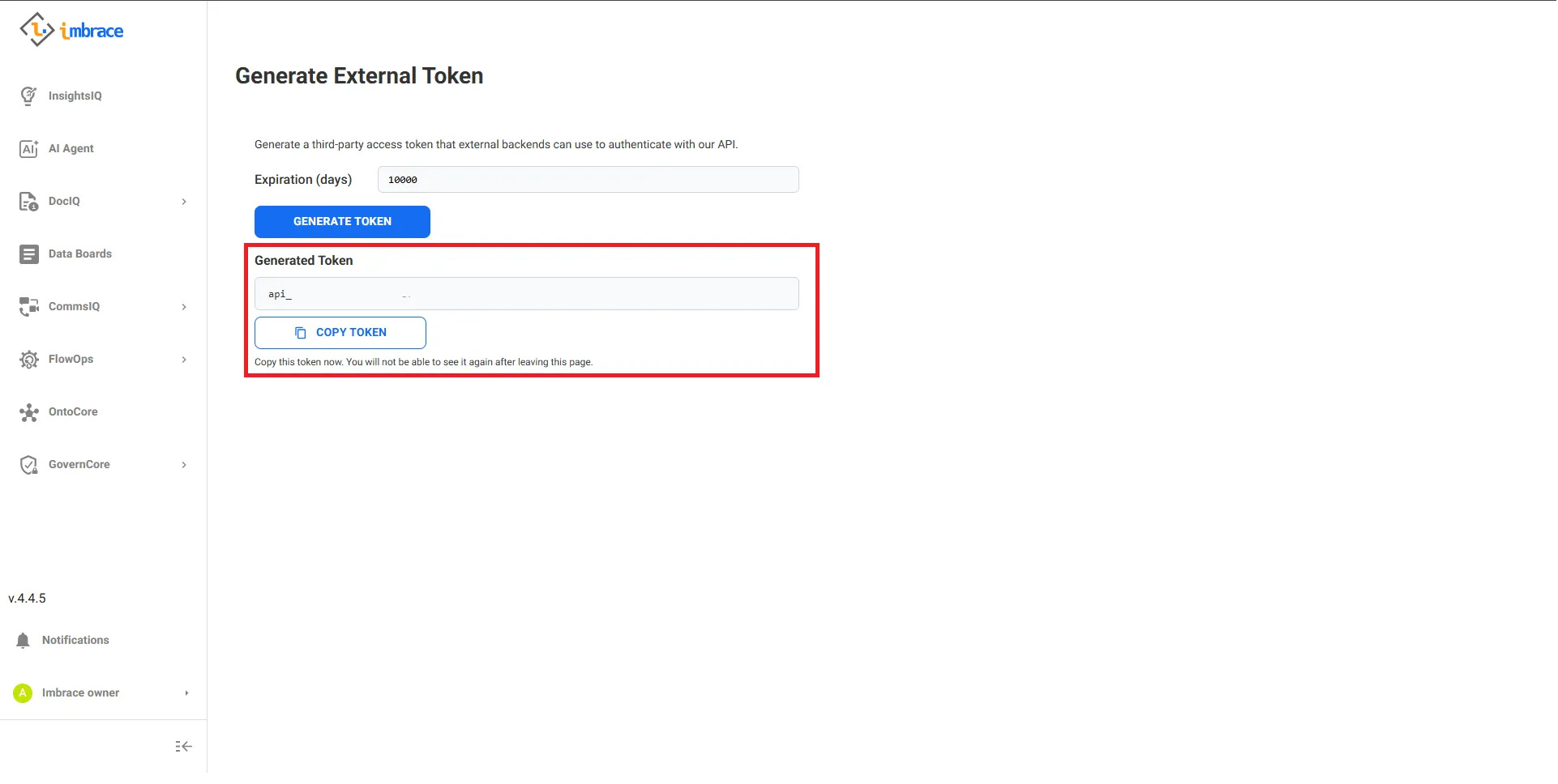 Generated API key displayed in full — copy icon next to the api_... value